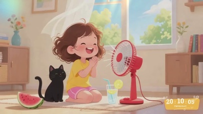 夏日治愈房间女孩与猫咪