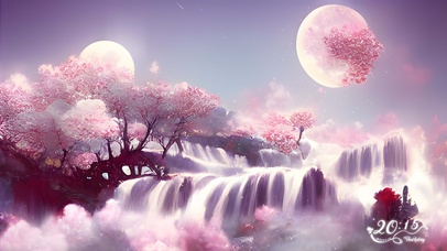 5k古风樱花山水瀑布
