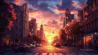 晚霞落日城市街道