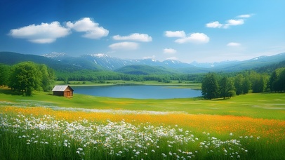 鲜花草地湖景小屋