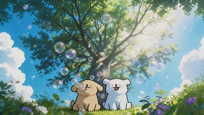 线条小狗-树下玩耍