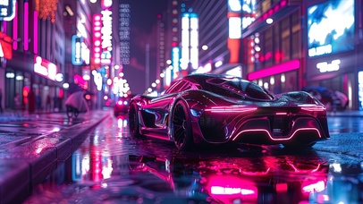 雨夜赛博霓虹城市炫酷跑车