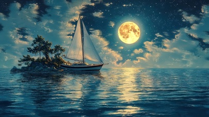 圆月下航行的小岛帆船