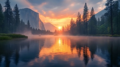 湖光映霞，夕照山林