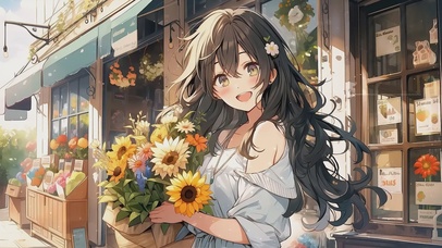 抱着鲜花的动漫少女