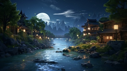 月明星稀河边村庄