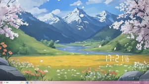 蓝天白云樱花树木河流桌面主题