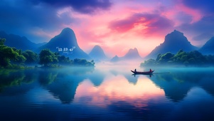彩虹夕阳湖水
