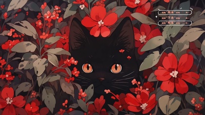 花丛中的小黑猫