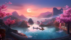 粉色国风治愈山水