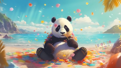 呆萌海边悠闲熊猫