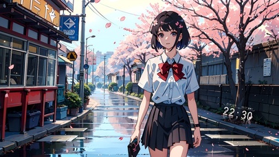 雨后樱花街道少女