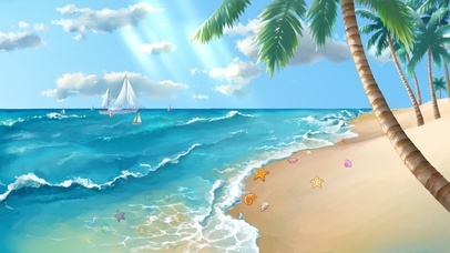 贝壳、沙滩、椰树、大海、帆船