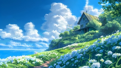 青葱翠绿山坡小屋