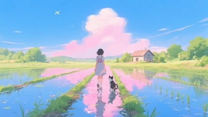 水田女孩和猫咪