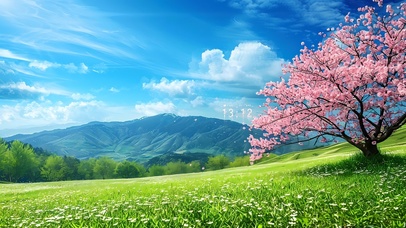4k草原樱花树