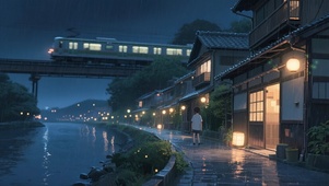 雨中河边电车