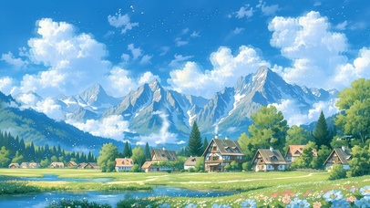 治愈山下村庄风景