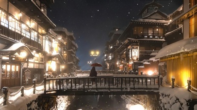 日系雪夜独桥观雪