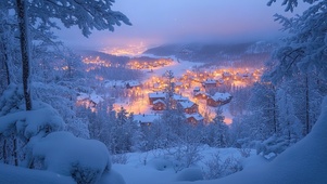 北欧雪原村庄夜景