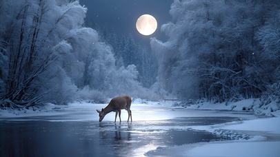 雪夜鹿饮月