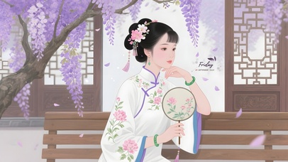 古典紫藤树下女孩