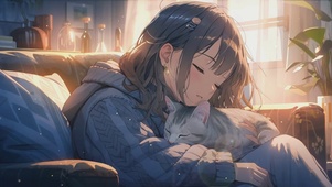 熟睡中的女孩和她的猫