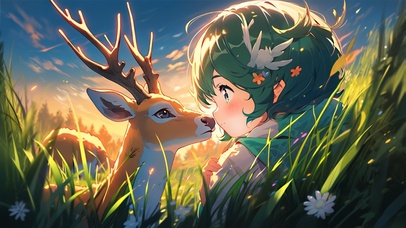 男孩和鹿动态4K夜晚美景