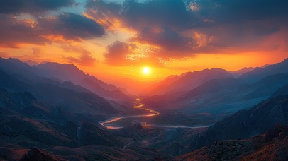 日落山间蜿蜒河流