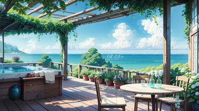 4K唯美春天庭院海景