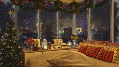 唯美治愈新年城市烟花房间雪景