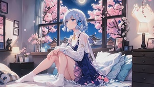 夜晚床上樱花少女