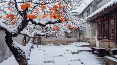 雪景小院柿子树
