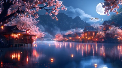 月空樱花湖水