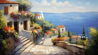 动漫海边小镇插画