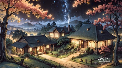 唯美夜晚落叶古风村庄