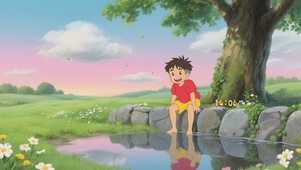 树下戏水男孩