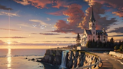 傍晚海边瀑布教堂