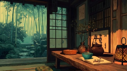 雨中的日式茶室