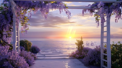 唯美海边紫藤花 