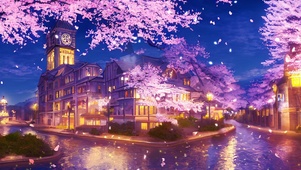 夜晚河边钟楼