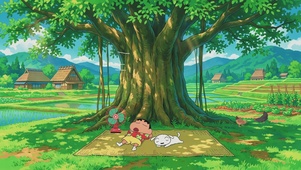 树下乘凉的小新和小白