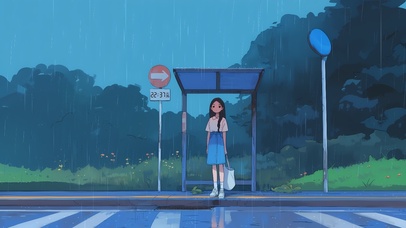 雨中站台少女
