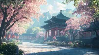 朦胧春日庭院古镇