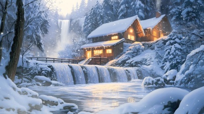 冰封瀑布边的小屋