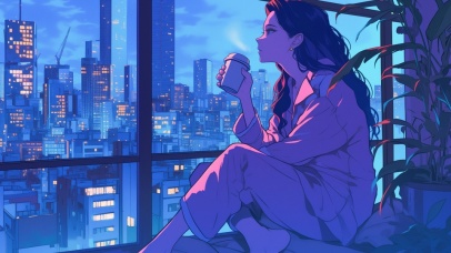 夜晚窗边的女孩