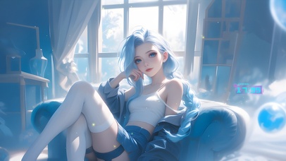 可爱蓝发沙发少女