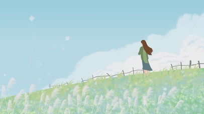 草地上看风筝的女孩