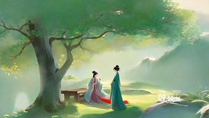 古风水彩树下密语
