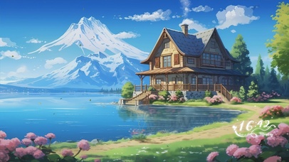 护眼蓝天白云房屋树木